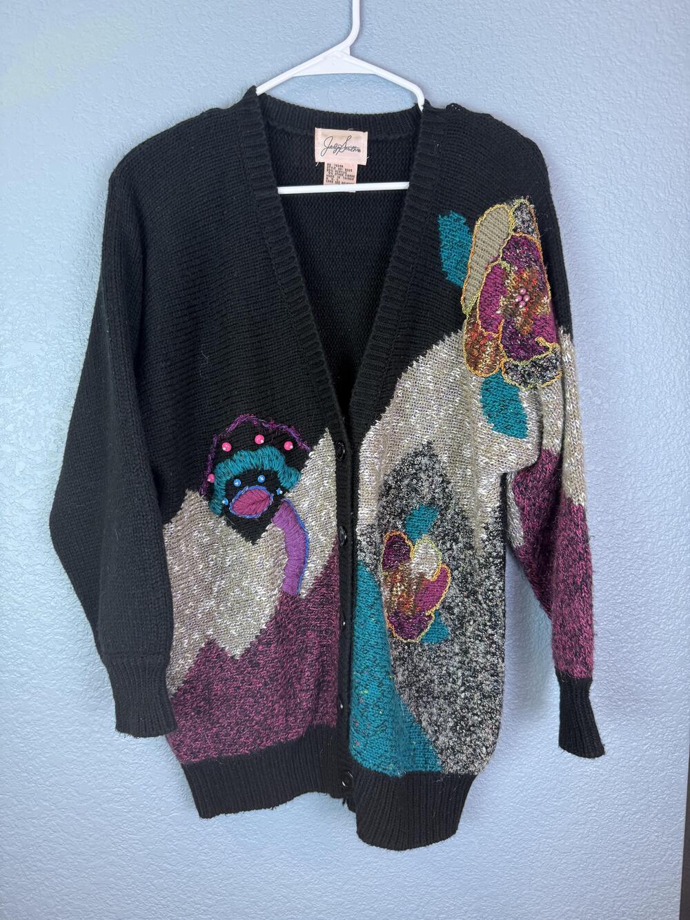 Vintage Jaclyn Smith Sweater Womens Medium Black Sequin Floral Knit Cardigan 80s